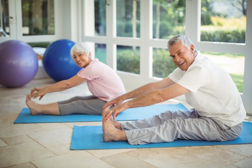A picture of two older adults in a flexibility training class